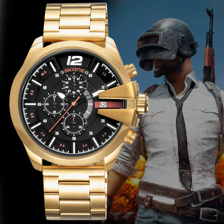 

2018 Skone Luxury Brand Men's Watches Gold Black Stainless Steel Chronograph Quartz Clock Male Famous Design Business Watch Man