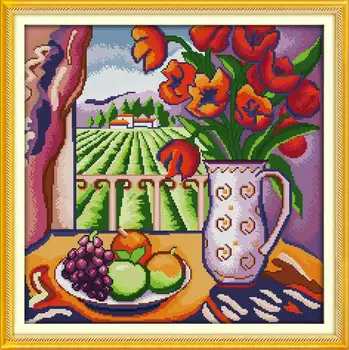 

New patchwork The window view DIY Needlework 14CT DMC Counted Cross Stitch Kits for Embroidery Knitting Needles Crafts