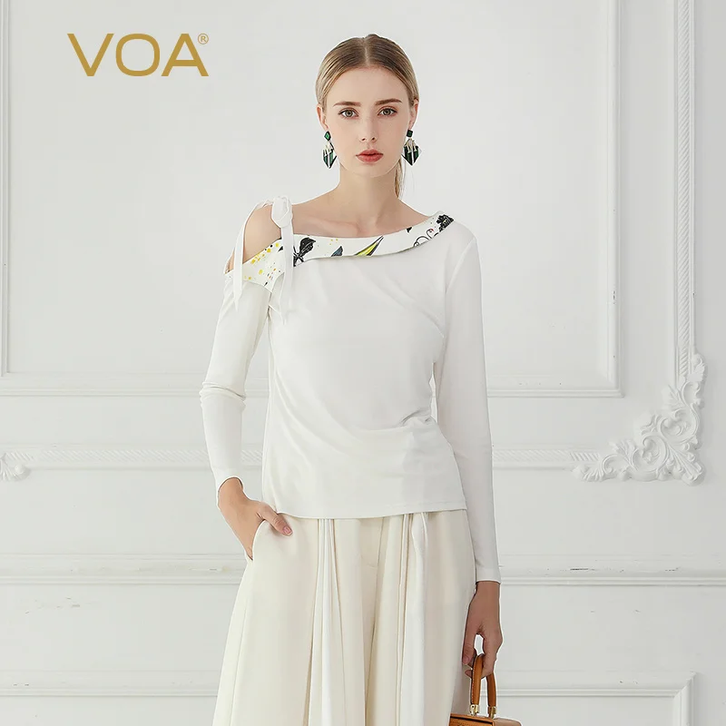 VOA Silk Knit T Shirt Autumn Long Sleeve White Office Ladies Tops Sexy OFF Shoulder Tee Women Sashes Bow Sweet Large Size B759 Tops