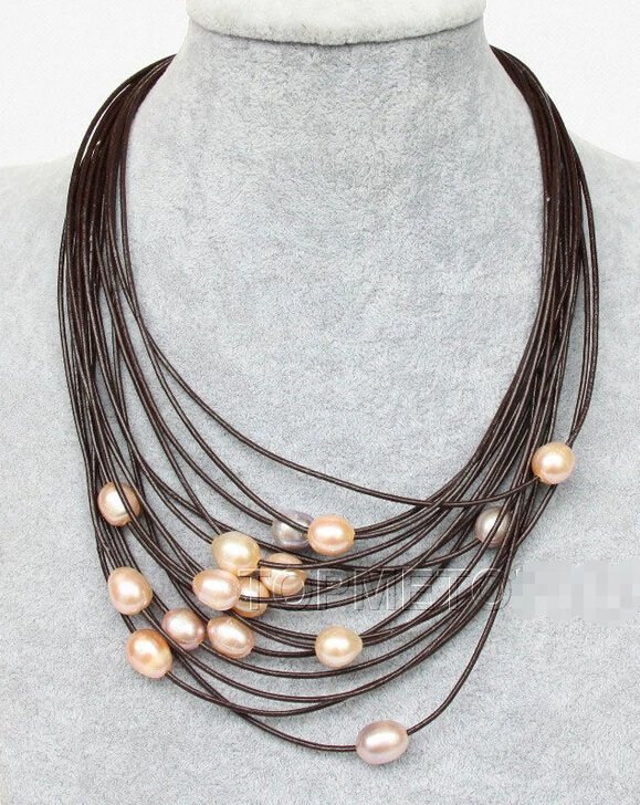 

Free shipping >>>>>>Stunning! 15Strands big pink black pearls wine red leather necklace magnet e2316