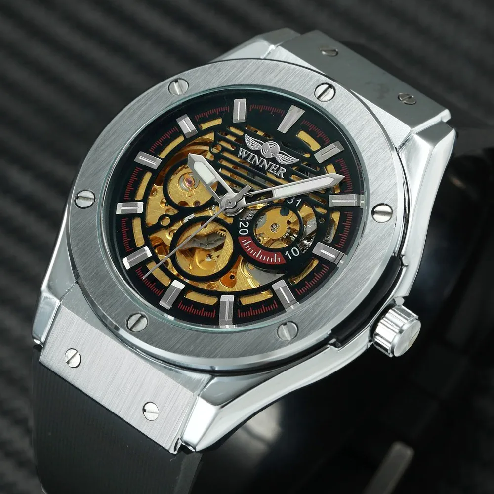 WINNER Top Brand Luxury Watch Men Automatic Mechanical Rubber Strap Skeleton Dial 3D Design Fashion Sport Wrist Watches relogio WINNER Top Brand Luxury Watch Men Automatic Mechanical Rubber Strap Skeleton Dial 3D Design Fashion Sport Wrist Watches relogio