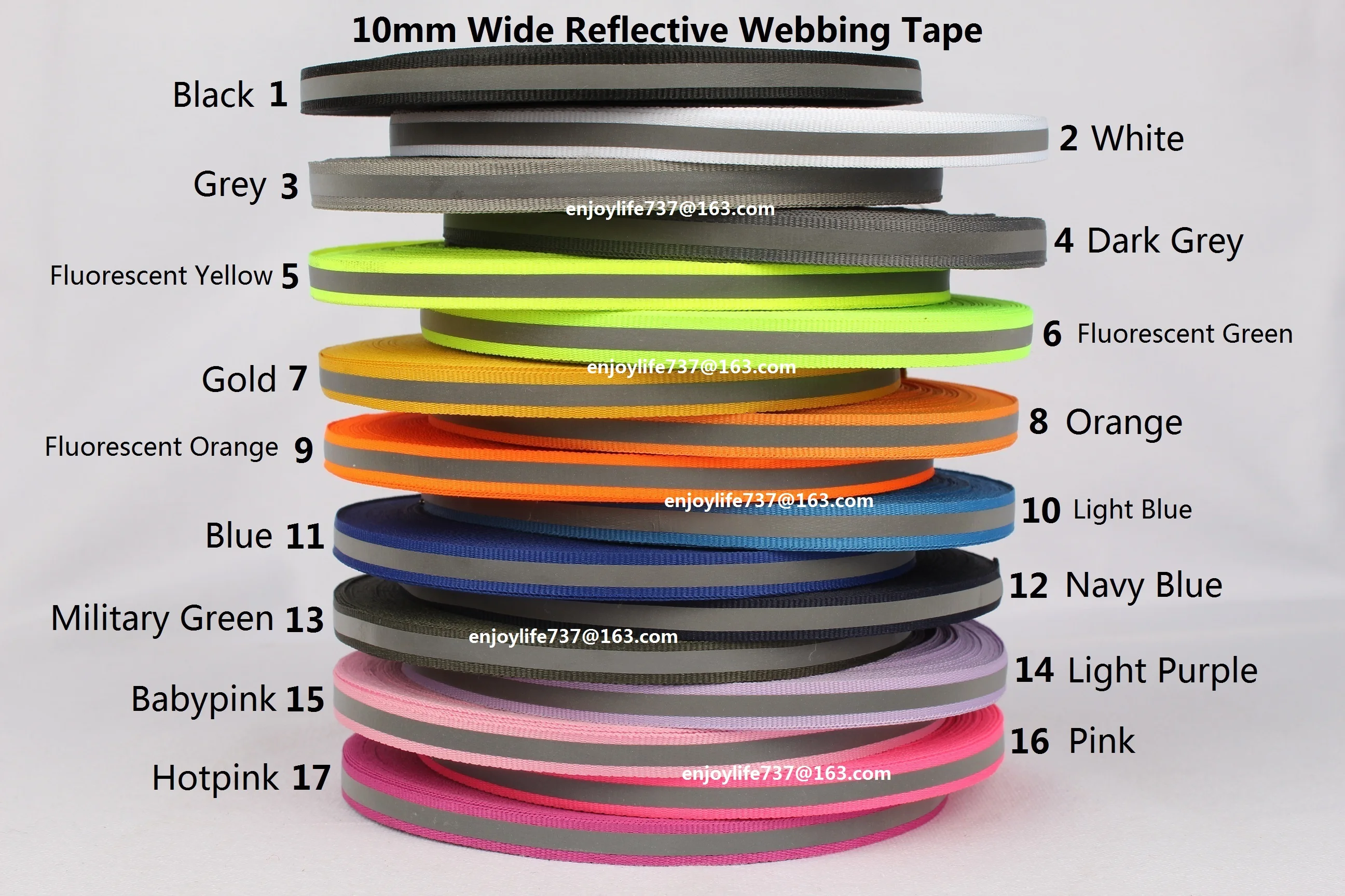 

10mm wide reflective ribbon webbing for safe product garment bags shoes DIY belt black grey orange red blue green pink yellow