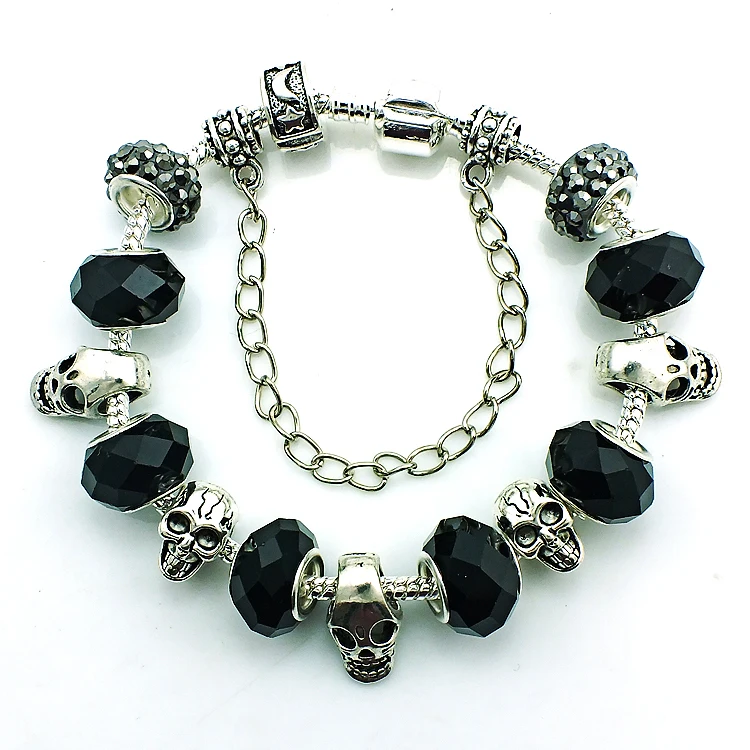 

JINGLANG New Fashion Silver Plated Black Plastic Crystal Beaded Skull Infinity Link Bracelets For Men DIY Jewelry