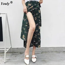 Винтажные женские длинные юбки с цветочным принтом Летние Элегантные пляжные макси юбки Boho с высокой талией Асимметричные разрезные юбки для вечеринок