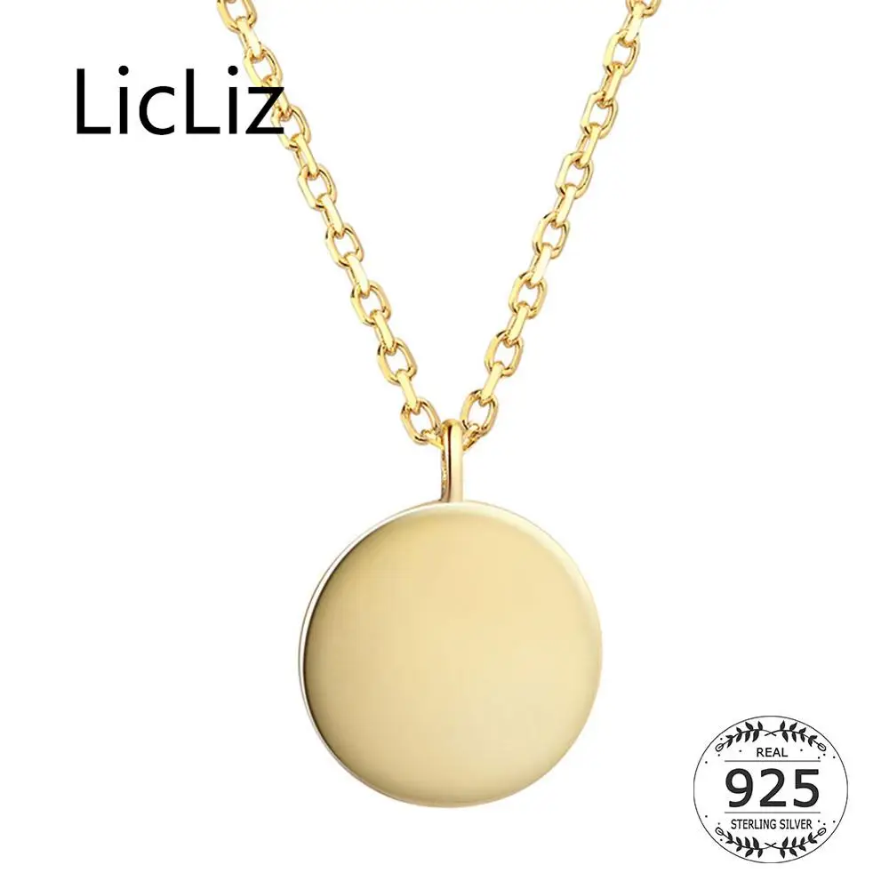 

LicLiz New 925 Sterling Silver Simple Round Flat Pendant Necklaces for Women New 18K Gold Long Link Chain Jewelry Gifts LN0458
