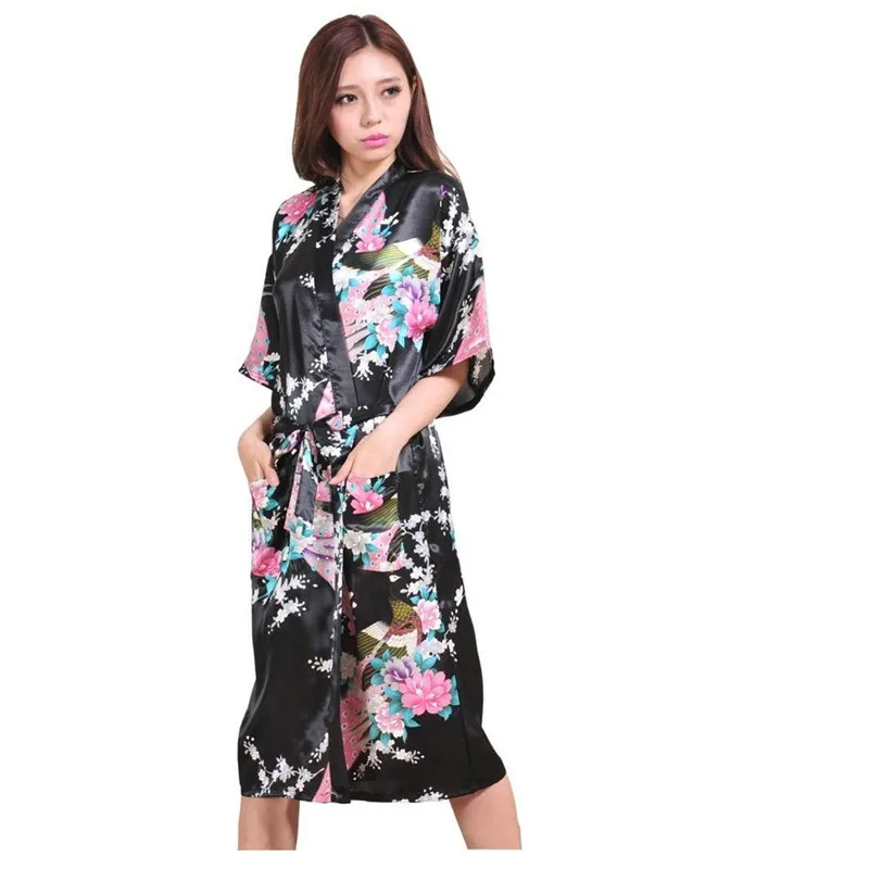 Ярко-розовые Для женщин искусственная Сик кимоно свадебное платье невесты сексуальный халат для летнего отдыха; одежда для сна Пижама с изображением цветов Размеры S M L XL XXL XXXL Z004 - Цвет: black