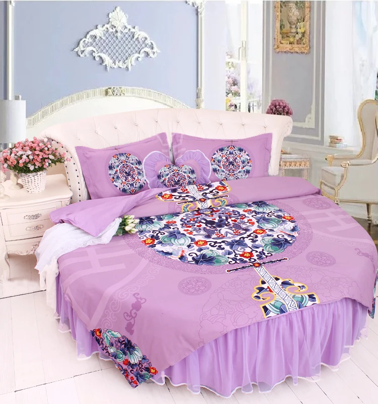 Flash Deal LACE ROUND Corner Bed Europe Orange color Flower Bedding sets Cotton Round Double Bed sheet Duvet cover Pillow case Bedskirt 85