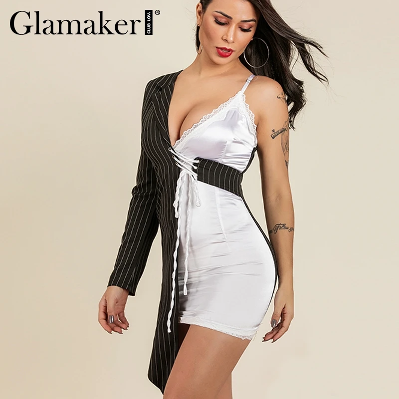 

Glamaker Lace patchwork satin sexy dress Women summer one shoulder bandage dress elegant Female v neck party club dress vestidos