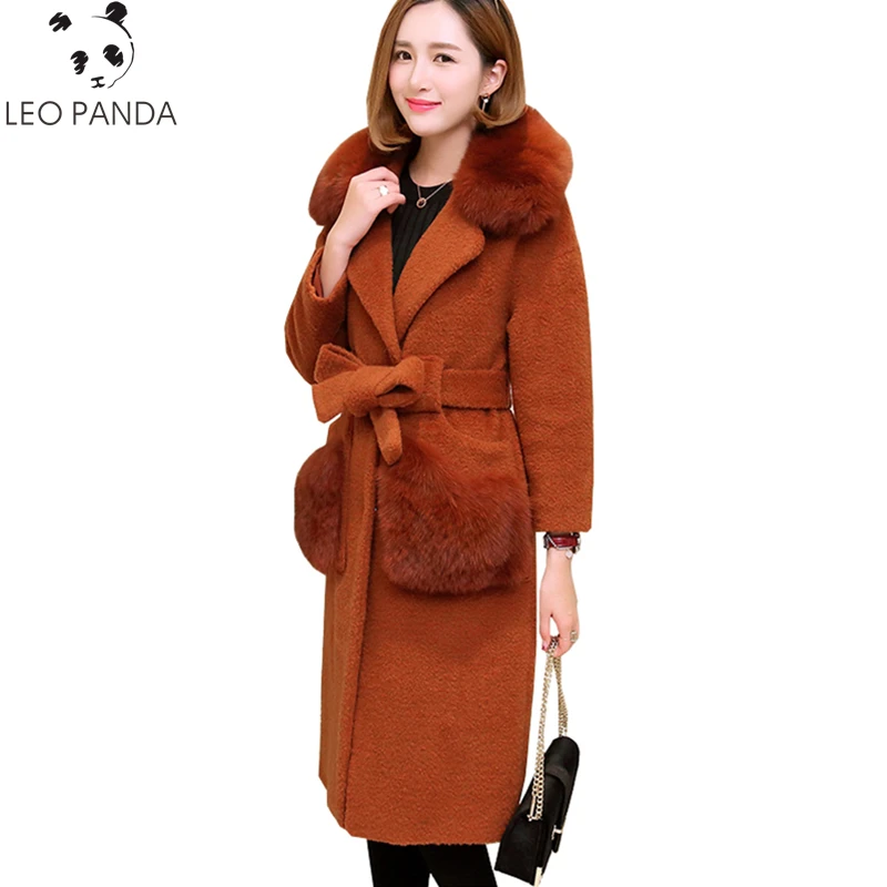 

Women Cashmere Coat Winter Faux Fox Fur Collar Fake Wool jacket 2019 Adjustable Waist Slim Ladies Long Wool Coat Female LXT674