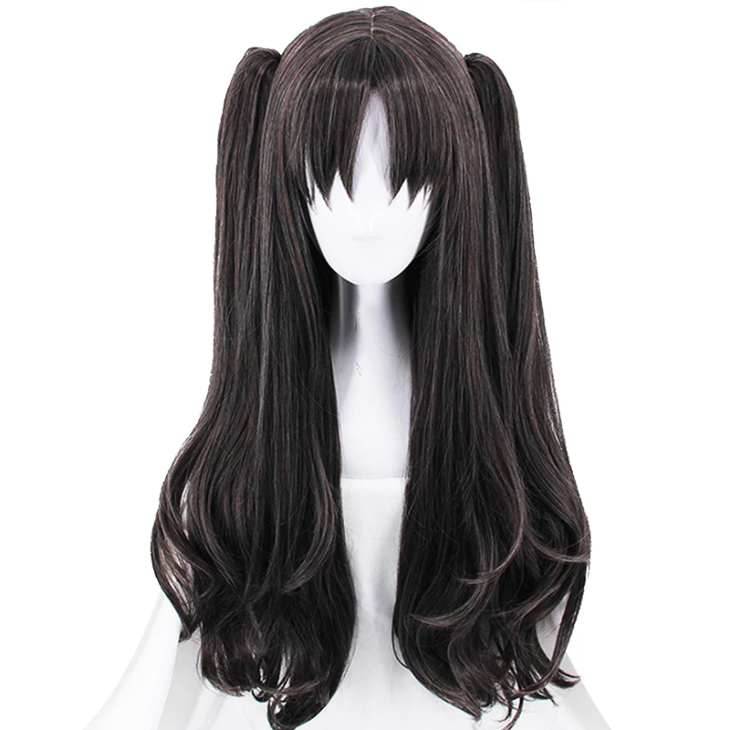 

New+Hair Cap Fate stay night Tohsaka Rin Black Long Straight Natural Synthetic Cosplay Wig Double Clip Ponytails