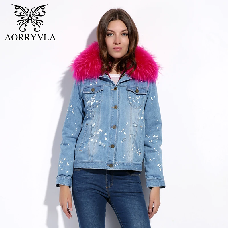 

AORRYVLA 2018 Fashion Women Jacket Winter Short Pink Full Sleeve Raccoon Fur Collar Vintage Frayed Detachable Lining Winter Coat