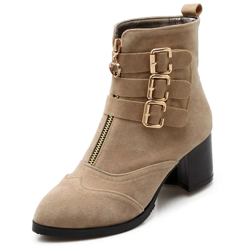 

2016 winter women Nubuck leather Rubber sole Zip Thick with shoes med heel buckle Women Ankle Boots size 34-39 T1578