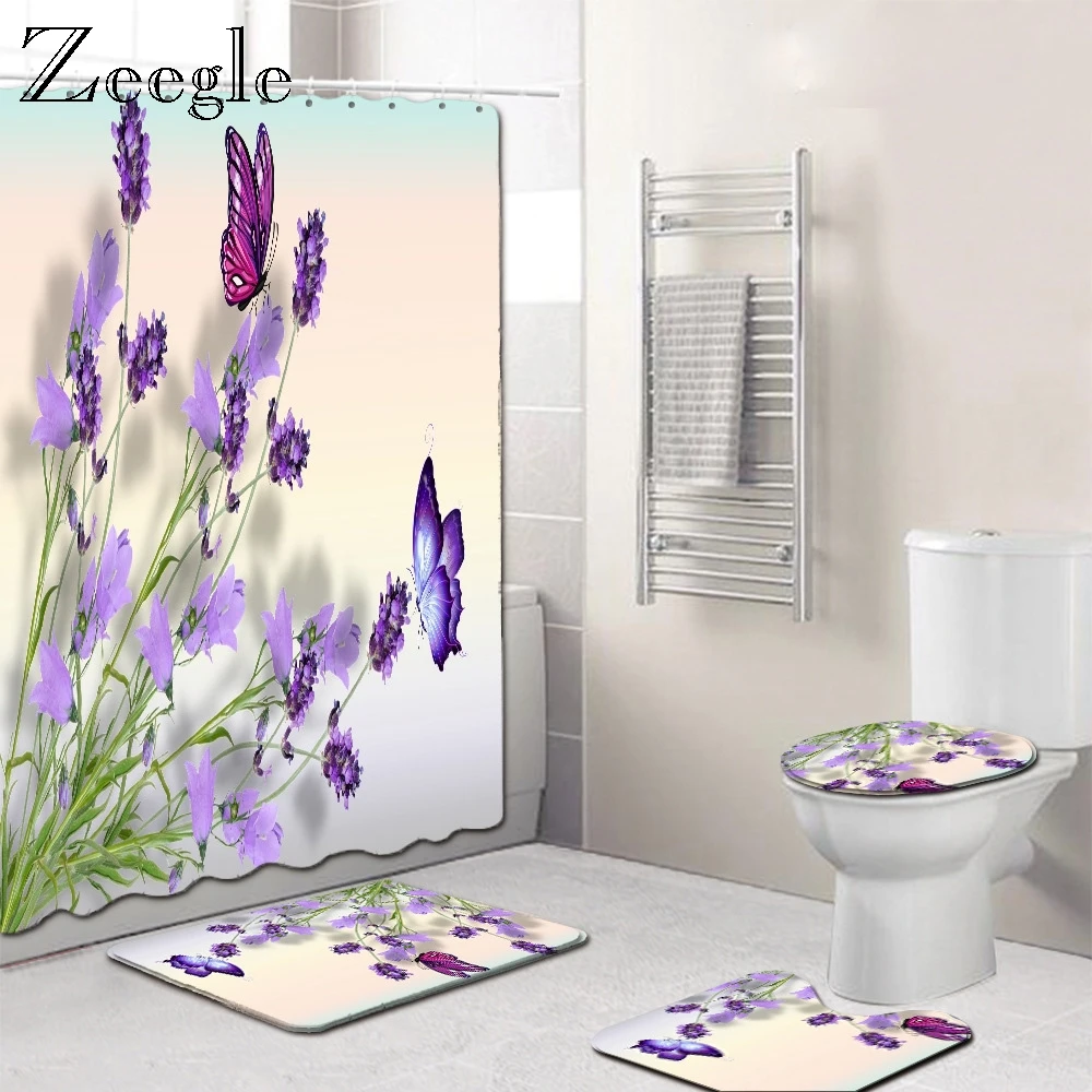 Zeegle 3D цветочный узор 4 шт. Ванная комната коврик для ванной комнаты Душ Шторы