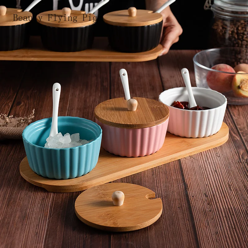 

Personality Bamboo Wood Spice Jars Sugar Bowl Kitchen Household Matte Solid Color Ceramic Salt Chicken Condiment Box Sauce Box