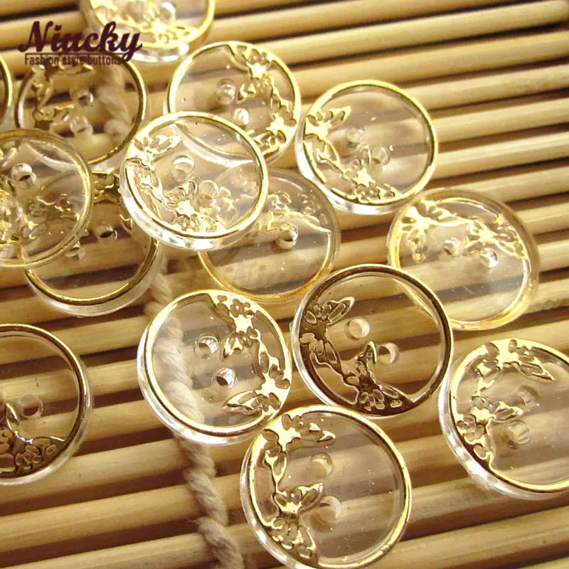 

Niucky 12.5mm 1/2" gold double butterfly transparent acrylic shirt buttons for sewing craft wedding decor materials A0101-001