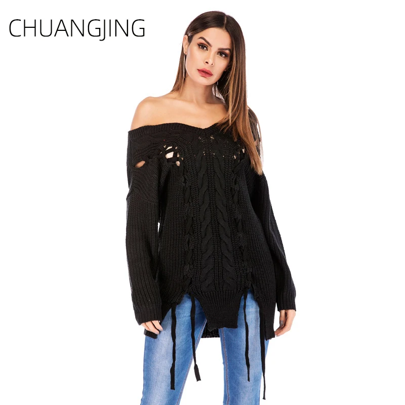 

Winter Casual Knitted Sweater Women 2019 New Solid V-neck Long Sleeve Hollow Out Pullovers Sweater Office Lady Fashion Sweater