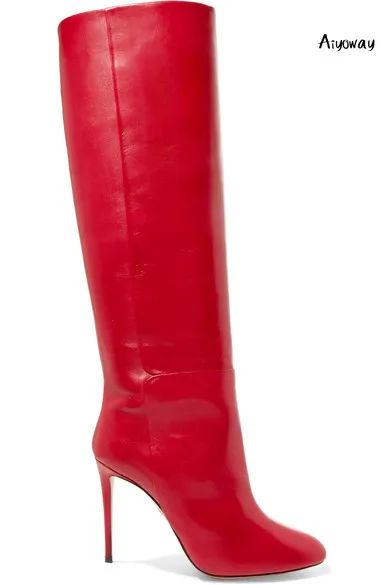 

Aiyoway Women Round Toe High Heel Knee Boots High Quality PU Spice Red Winter Autumn Party Dress Boots Slip On