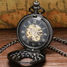Винтажные роскошные черные металлические механические карманные часы в стиле стимпанк, часы с цепочкой для мужчин и женщин, Подвесные часы, подарок с подарочной сумкой
