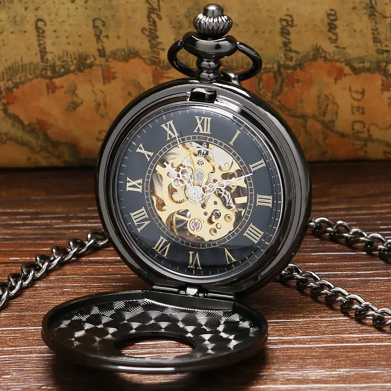 Vintage Lüks Siyah Metal Mekanik Pocket Watch Steampunk Saatler Pin Zincir Erkek Kadın Kolye Saat Hediye reloj de bolsillo