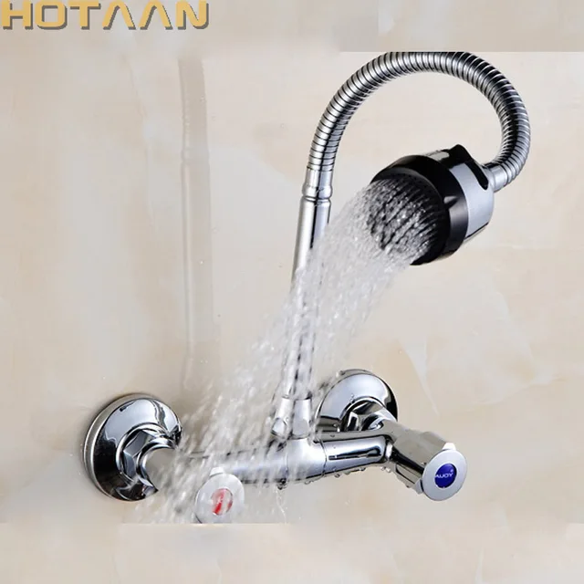 Best Offers Wall Mounted Kitchen Faucet Hot & Cold Water Mixer Crane Dual Handle Dual Hole Kitchen Sink Tap Copper Chrome Plated YT-6029