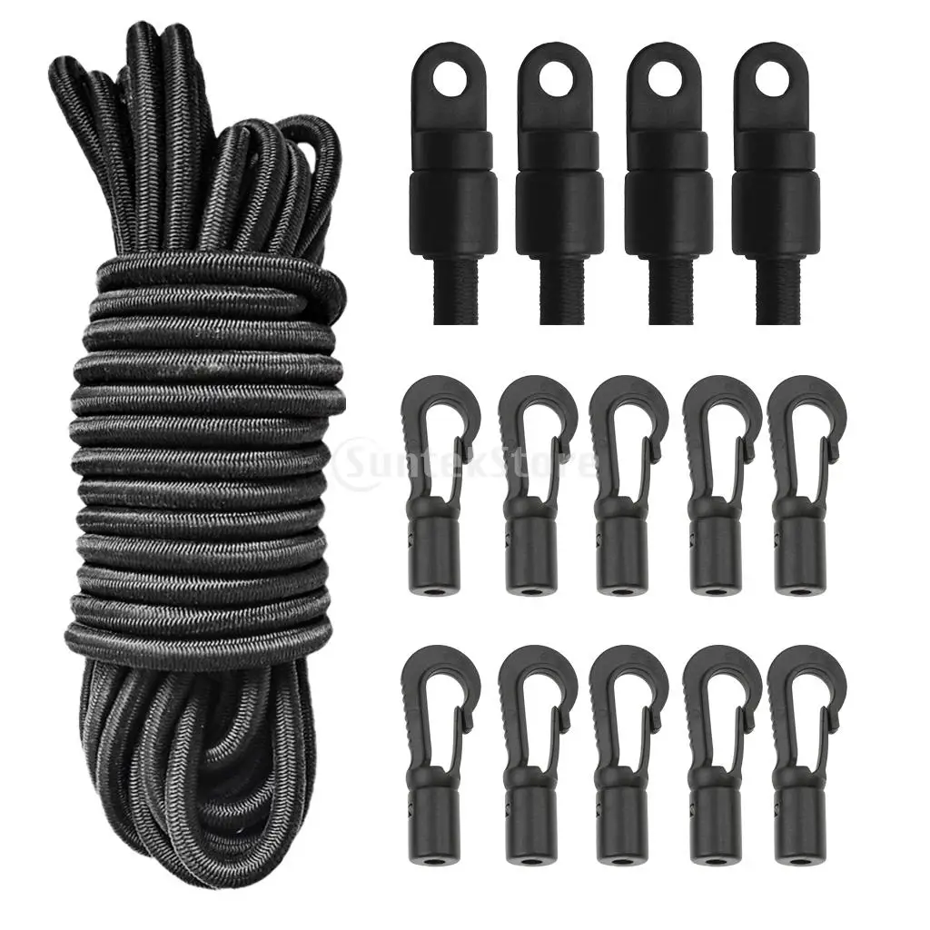 Baratos 4 unids lote Cordón de choque final deja + negro 6mm 5 M cuerda elástica + 10 unids lote cuerda gancho kayak accesorios de montaje