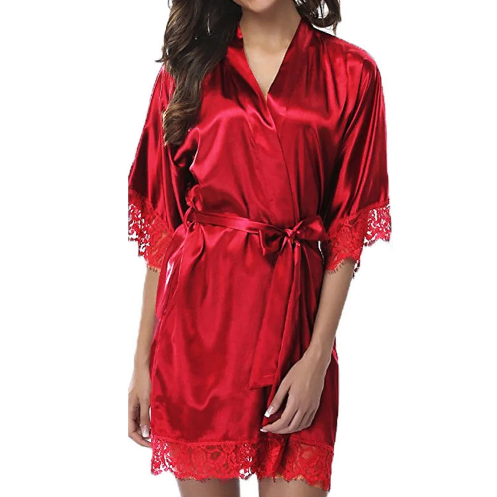 

2019 Fashion Women Sleeping Dress Lingerie Lace Half Sleeve Robe Nightie Gown Sexy With Belt