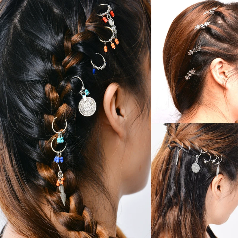 

1 Set Fashion Personality Women Silver Gold Hair Clip Leaves Snowflake Dreadlock Circle Hoop Accessories