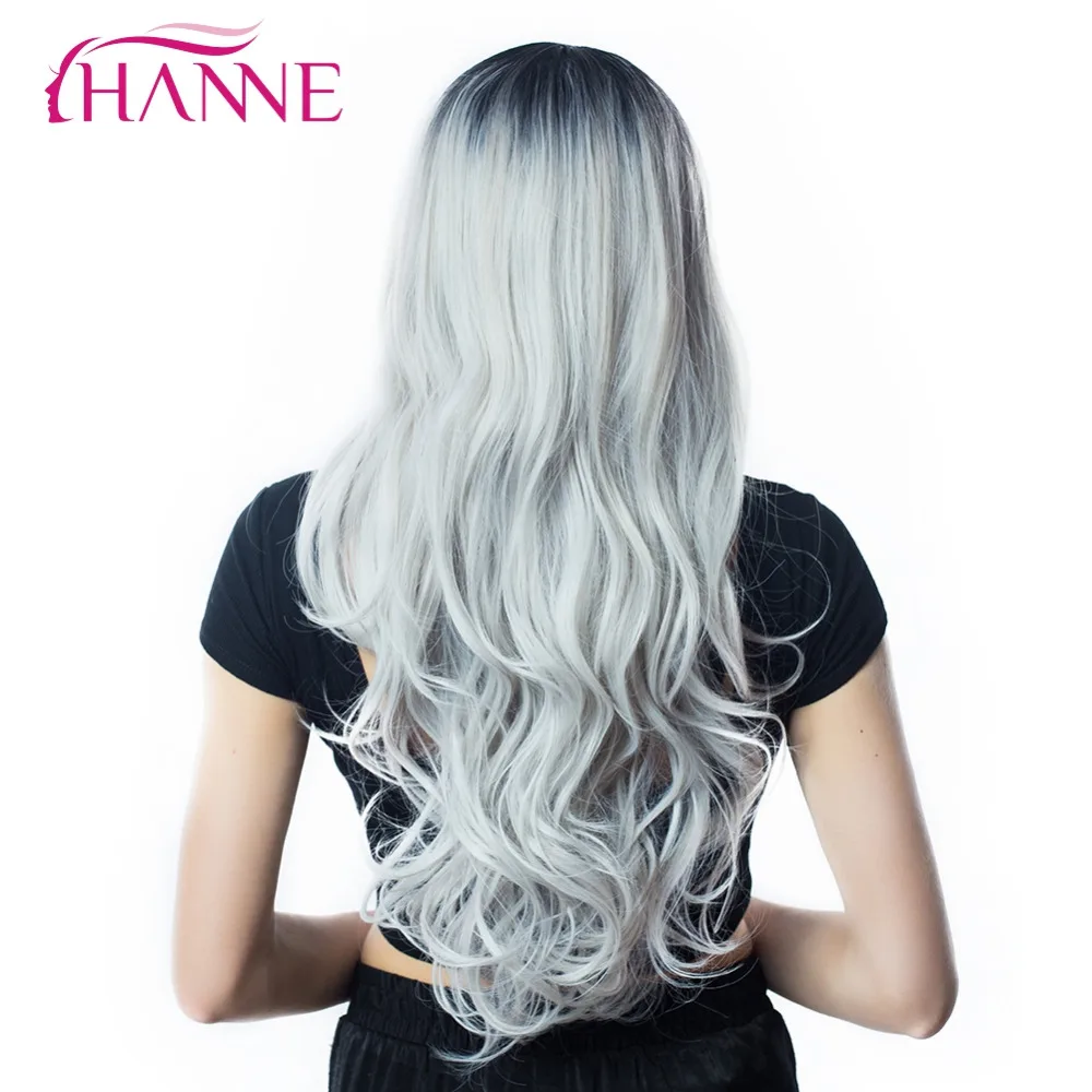 HANNE Ombre Black To Light Grey 26inch Long Body wave Wigs For Black Or White Women Skin Top Heat Resistant Synthetic Hair Wig body-wave