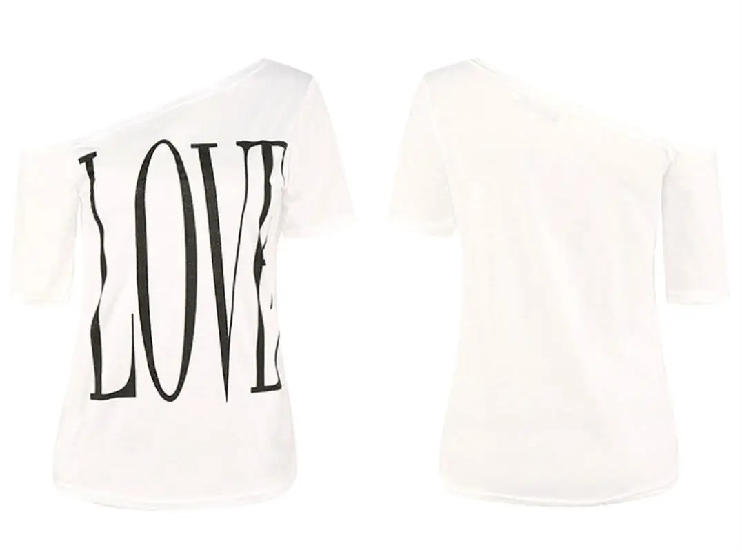 White Female printing T-Shirt Off Shoulder Slash Neck Sexy Top Split Short Sleeve Women's Large Sizes Loose strapless T-shirts