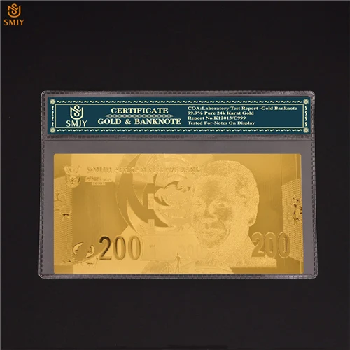 Южная Африка 24 k золото банкноты 200 Ранд золотые банкноты из фольги сбор бумажных денег с КоА рамкой - Цвет: 200 Rand