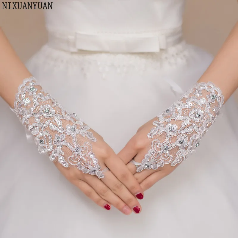 NIXUANYUAN/, свадебные аксессуары с аппликацией, женские кружевные, расшитые блестками, дешевые перчатки без пальцев для невесты, новые перчатки для невесты