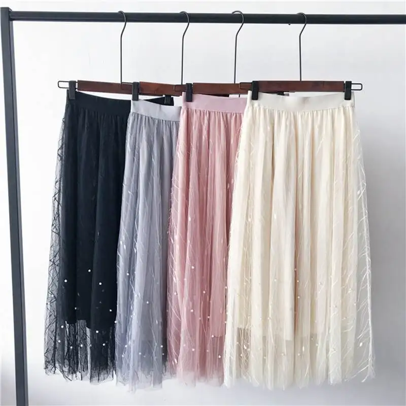 ONLYWONG Женская плиссированная юбка средней длины с высокой талией, украшенная бусинами, женская черная розовая сетчатая юбка миди, Женские однотонные юбки из тюля