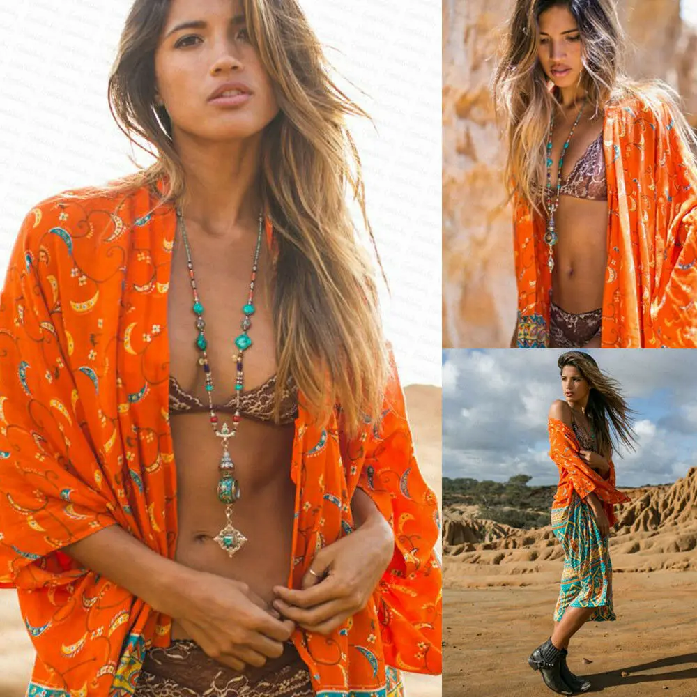 

2019 Bohemian Printed Orange Chiffon Mid-Calf Women Summer Beachwear Kimono Cardigan Beach Cover Up Pareo Sarong Beach Wrap