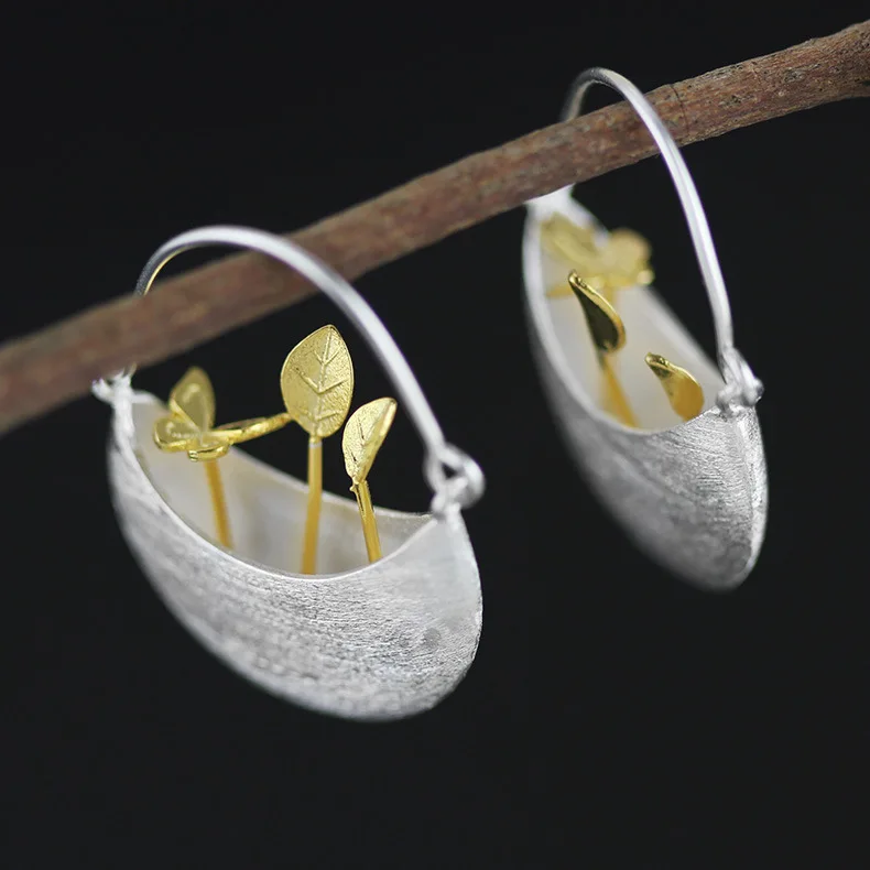 INALIS реального 925 пробы серебро Природный творческий ручной Fine Jewelry мой маленький сад серьги для Для женщин Brincos - Цвет камня: Gold Leaf