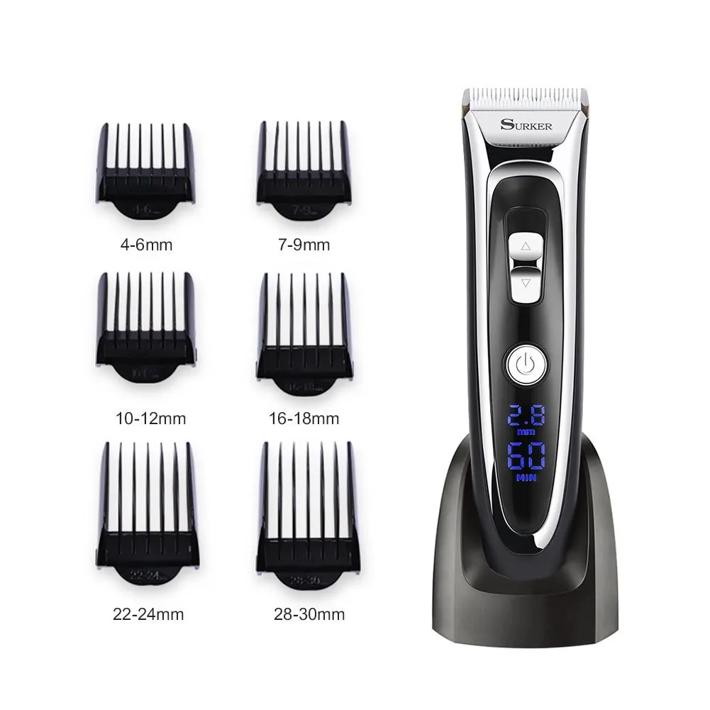 SURKER Rechargeable Hair Clipper Trimmer Beard Shaver Cordless Washable LED Display Ceramic Blade 