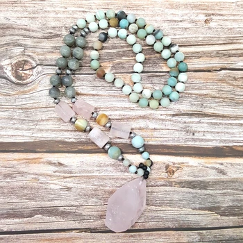 

Lii Ji Natural Amazonite Labradorite Rose Quartzs Pendant Bohemia Long Necklace Hand Made Jewelry Drop Shipping