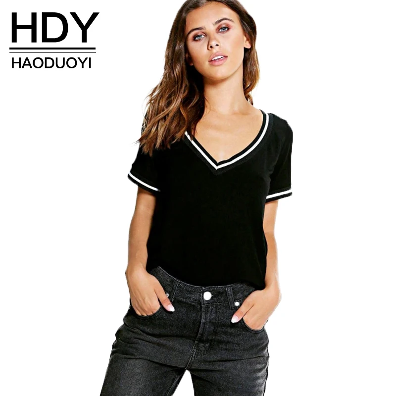 HDY Black T-shirt Women Fashion Short Sleeve T-shirt Casual Cotton V-neck Tops White Black Female Summer T-shirt Large Size