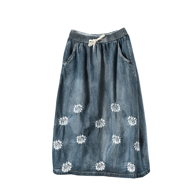 Embroidered Thin Blue Skirts Wind Retro Theatrical Elastic Waist line Line Sen Denim A White Wear National Was Female Washed Autumn 0Hqw8xHO