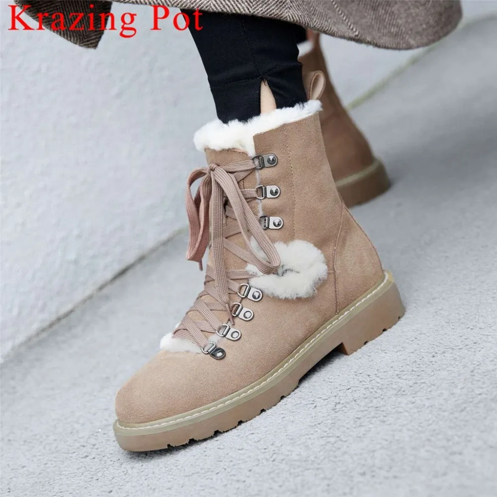 

European superstars luxury wool snow boots lace up round toe low heels cow suede beauty girls gorgeous warmful punk boots L55