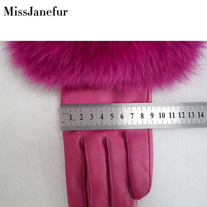 Women Finger Gloves  Raccoon Fur Cuff Sheep Leather Gloves Thicken Winter Keep Warm Female Fur Elegant Gloves Hand Gloves