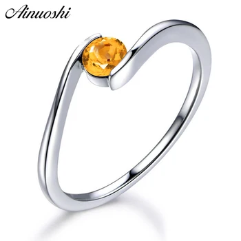 

AINUOSHI Natural Citrine Unique Ring 0.5ct Round Cut Gems Engagement Party Women Jewelry Pure 925 Sterling Silver Solitaire Ring