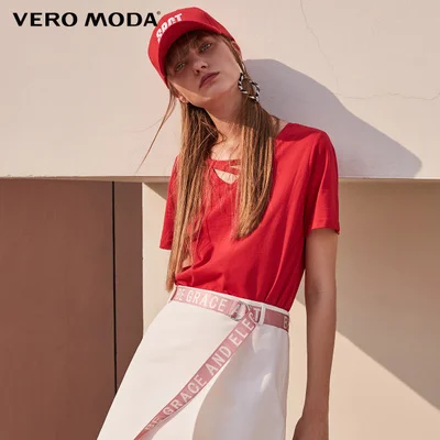 Vero Moda футболка женская хлопок чистый цвет воротник Декоративная полоса Повседневная футболка с коротким рукавом | 318101523 - Цвет: Red heart