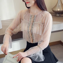 2019 Spring New Chiffon Blouse Long Sleeve Sequins see through sexy Hollow-out flare sleeve o neck white Chiffon blouse 36F floral chiffon see thru blouse