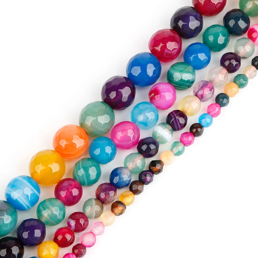 

4/6/8/10mm Strand 15'' Faceted Colorful Stripe Agates Onxy Natural Stone Beads For Jewelry Making DIY Bracelet Necklace