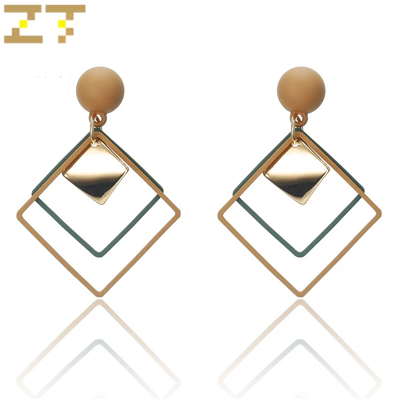 

Hot Sale Fashion Round Hollow Square Candy Color Green Three Layers Dangle Drop Statement Earrings for Women Jewelry Brincos