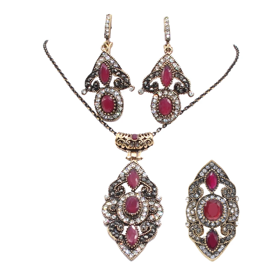 

Vintage Turkish Floral Jewelry Sets Necklace & Earrings & Ring Luxury Resin Crystal Stone jewelry Bijuterias Women Collar Sets