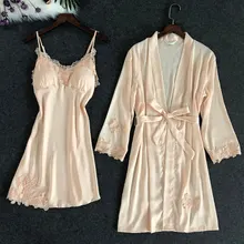 Пикантный Шелковый Атласный ночная рубашка, комплект женского белья с халатиком, серый цветочный v-образный вырез, кружевной отделкой, платья+ кимоно с поясом, халат, одежда для сна