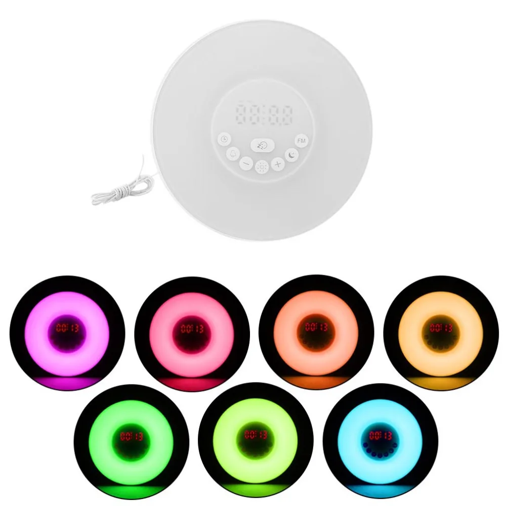 

High Quality Colorful Light Simulated Sunrise LED Night Light Digital Electronic Alarm Clocks Wake Up FM Radio Bed Light Lamp
