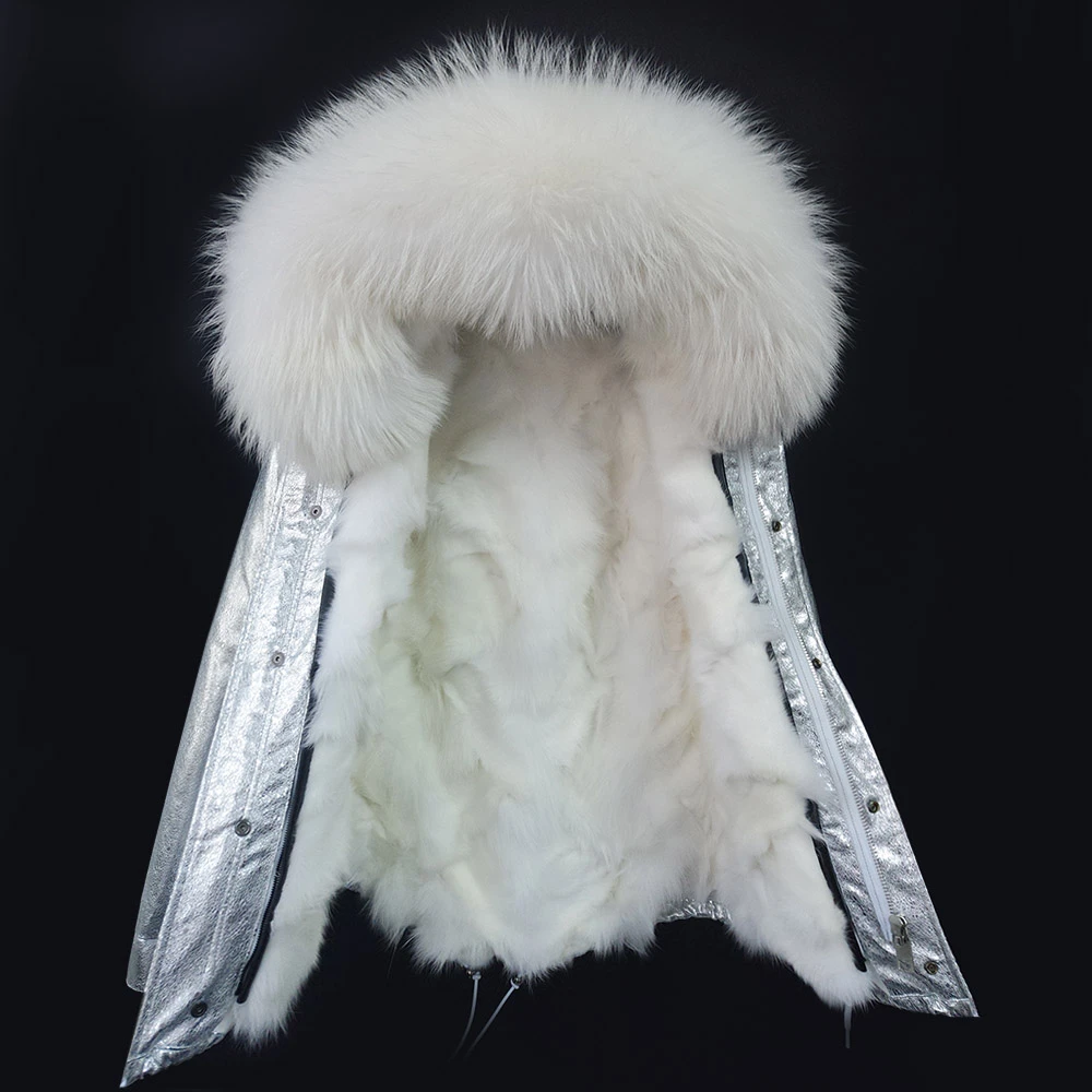 

2019 New Women Winter Silver Real Fox Fur Lining Silver Coat Large Raccoon Fur Collar Jacket Outwear Parkas Hot Sell