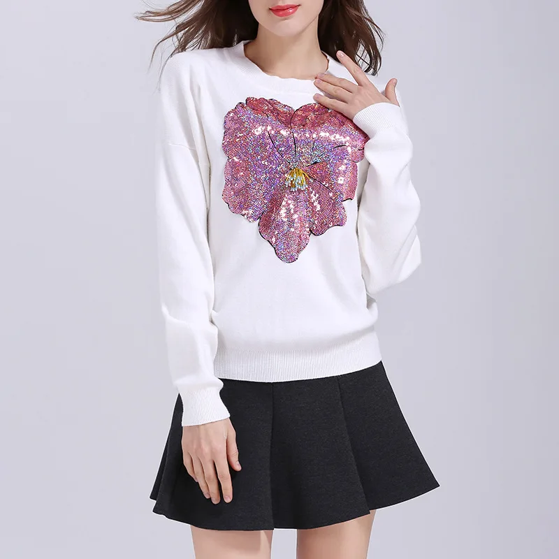 

New Luxury Sequins Flower Sweaters For Women 2018 Autumn Designer Beading Pullover Female Black White Casual Jumper Loose Tops